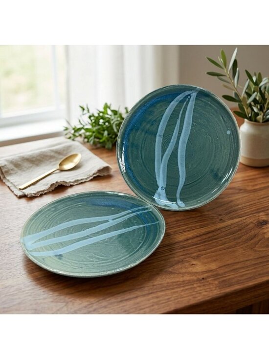 Sondahl Other - Vintage Brad Sondahl Pottery Set of 2 Dinner Plates Green Blue Wave Signed 10"